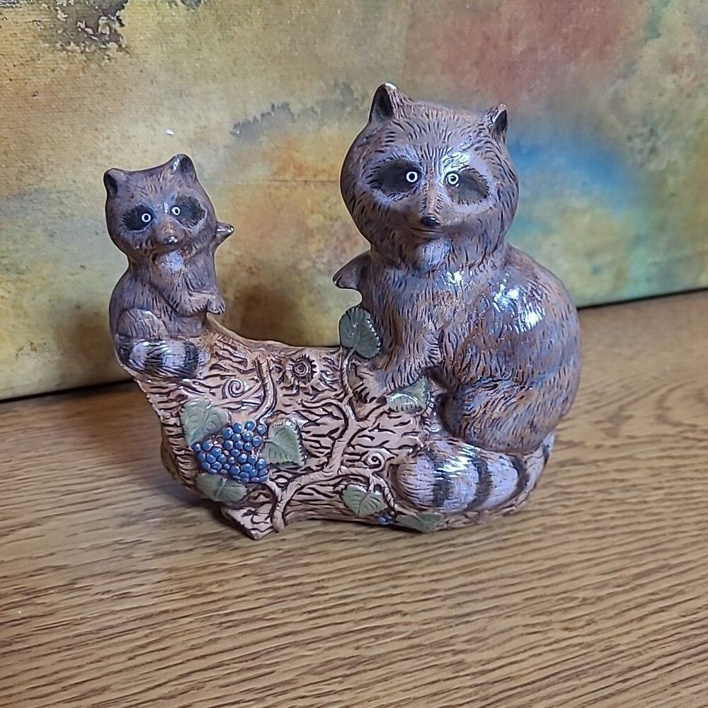 Mom & Baby raccoon on Log Ceramic Unsigned
